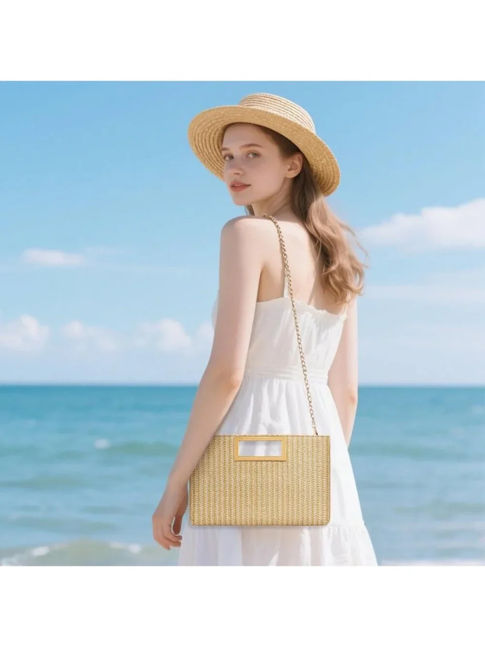 Women's Beige Clutch Purse Gold Chain Strap Handle Handbag Wedding Evening Bag